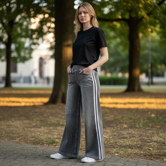 HALARA Denim - Halara Womens Wide Leg Denim Trousers Washed Grey White Side Stripe Size M New